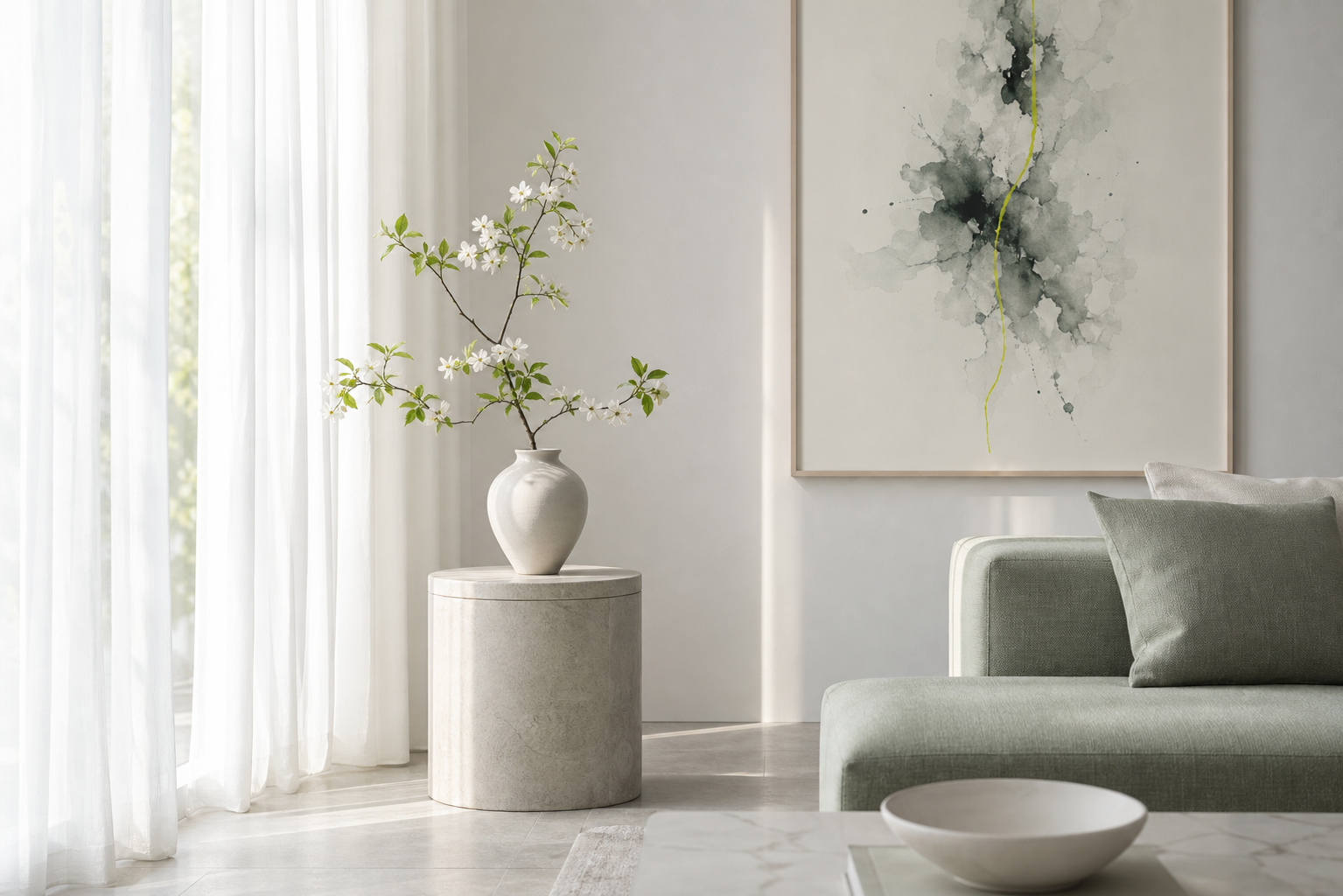 Blumen, Papier und Glas in einer ruhigen Premium-Still-Life-Komposition