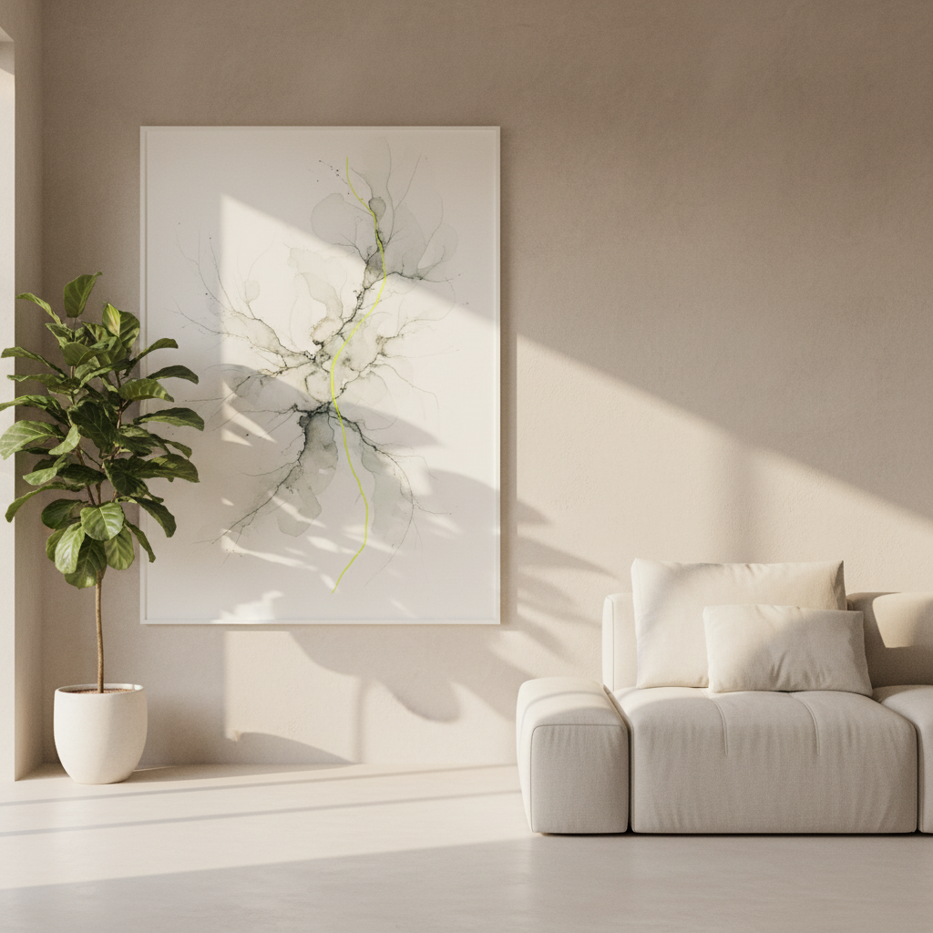 Ruhiger heller Wohnraum mit Kunst, Pflanze und feinem Will Last Signalstreifen